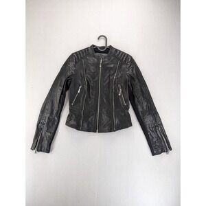 Dawn Levy Leather Jacket Womens Size Small Black With Stretch Side Trim
